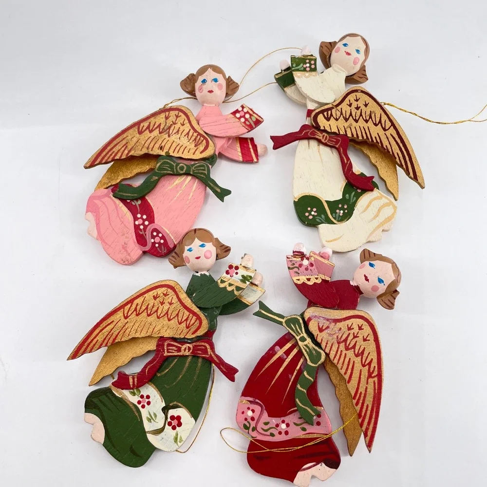 Vintage Angel Christmas Decor Set Lace Sisal Straw Figures Wooden Ornaments 6pc